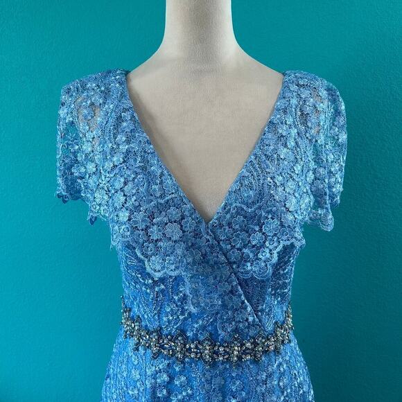 NWT Mac Duggal Blue Lace Ruffled Rhinestone Waist Maxi Gown Formal Prom Size 4 - Picture 3 of 8